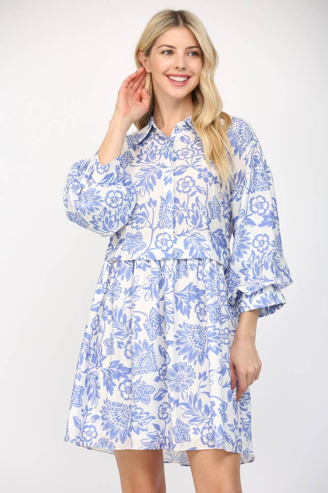 FATE - PUFF SLEEVE SHIRT MINI DRESS FD35578: WHITE/BLUE / S