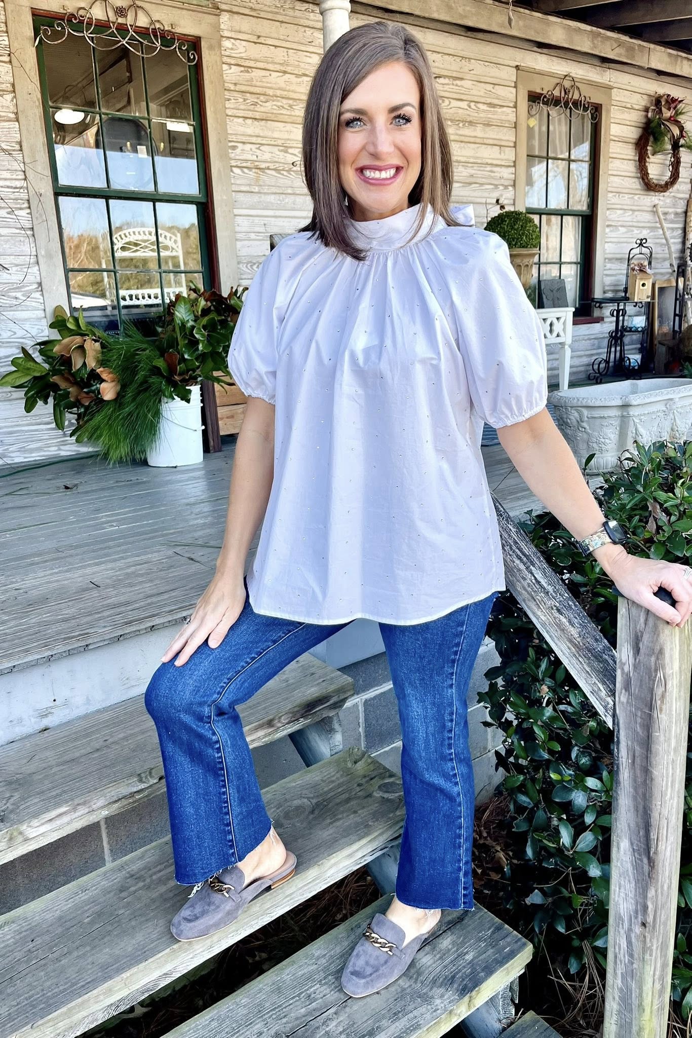 Caryn Lawn Ryan Bow Sparkle White Top