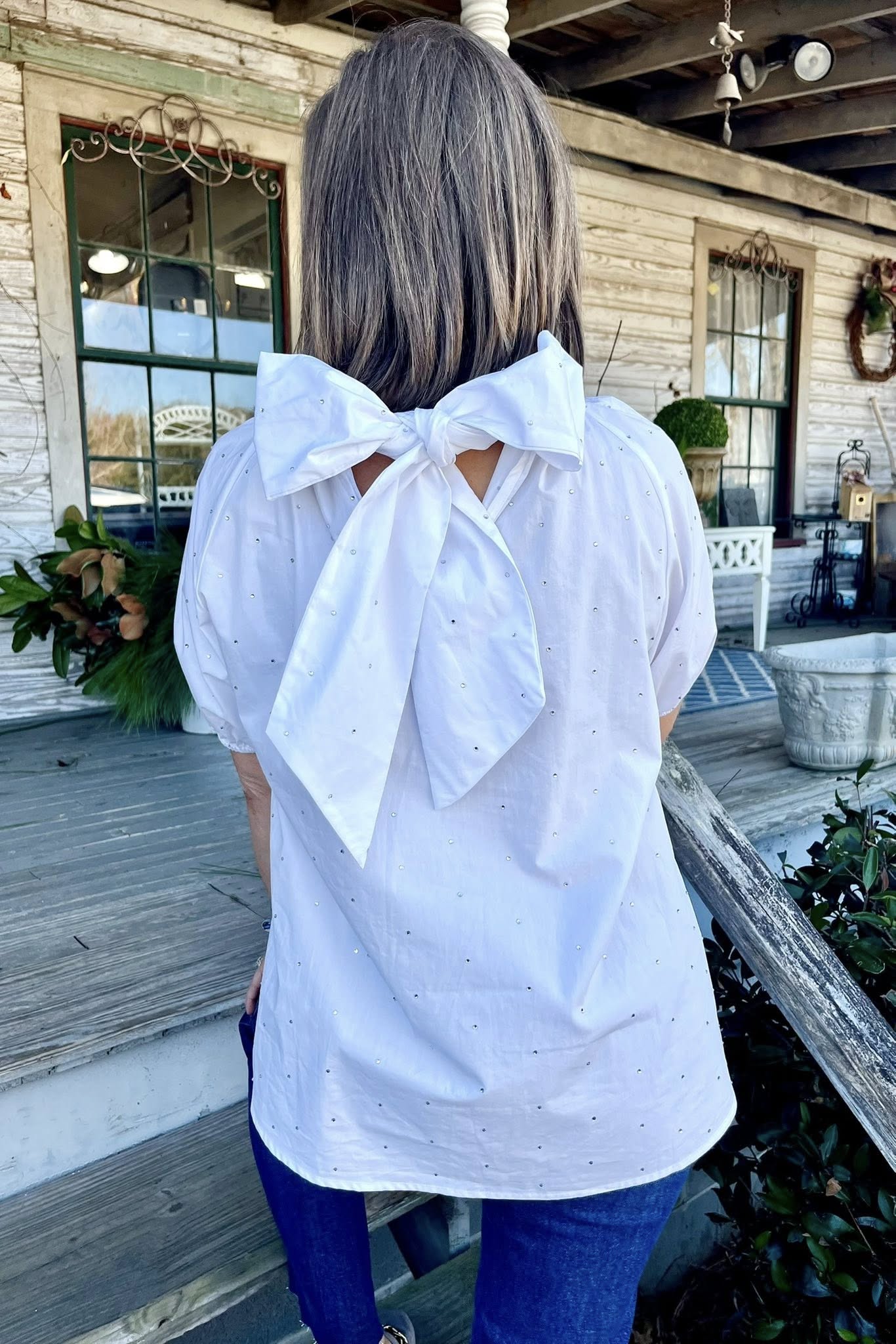 Caryn Lawn Ryan Bow Sparkle White Top