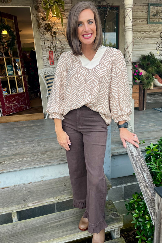 Wide Leg Ruffle Hem Pants | Chocolate