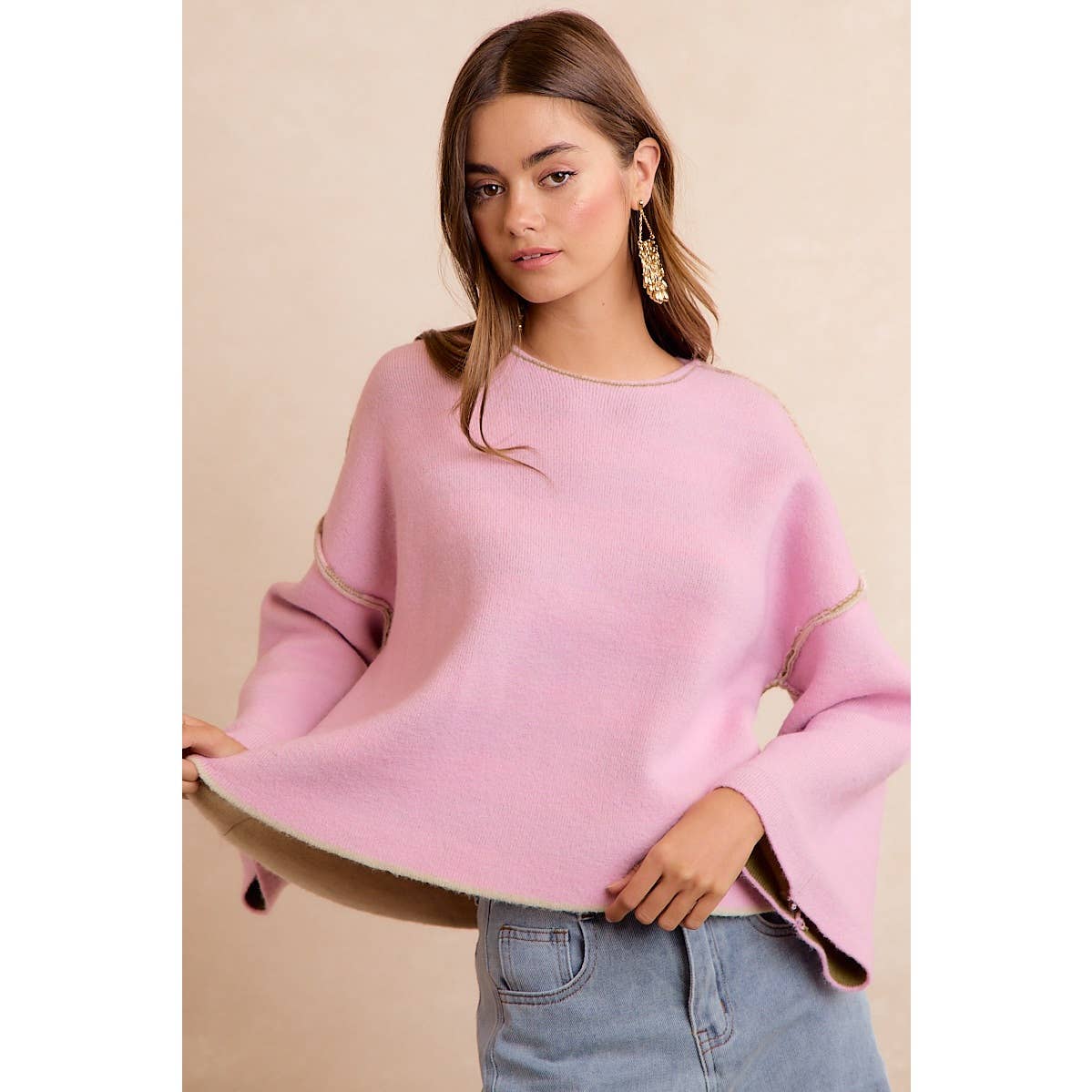 BiBi - STRIPE CONTRAST BINDING AND REVERSIBLE SWEATER: MOCHA/BLUE GREY / M