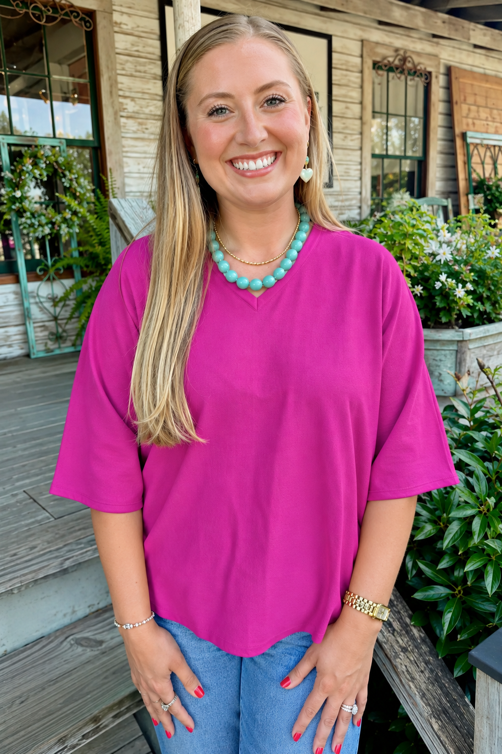 Signature Knit V-Neck Top | Magenta