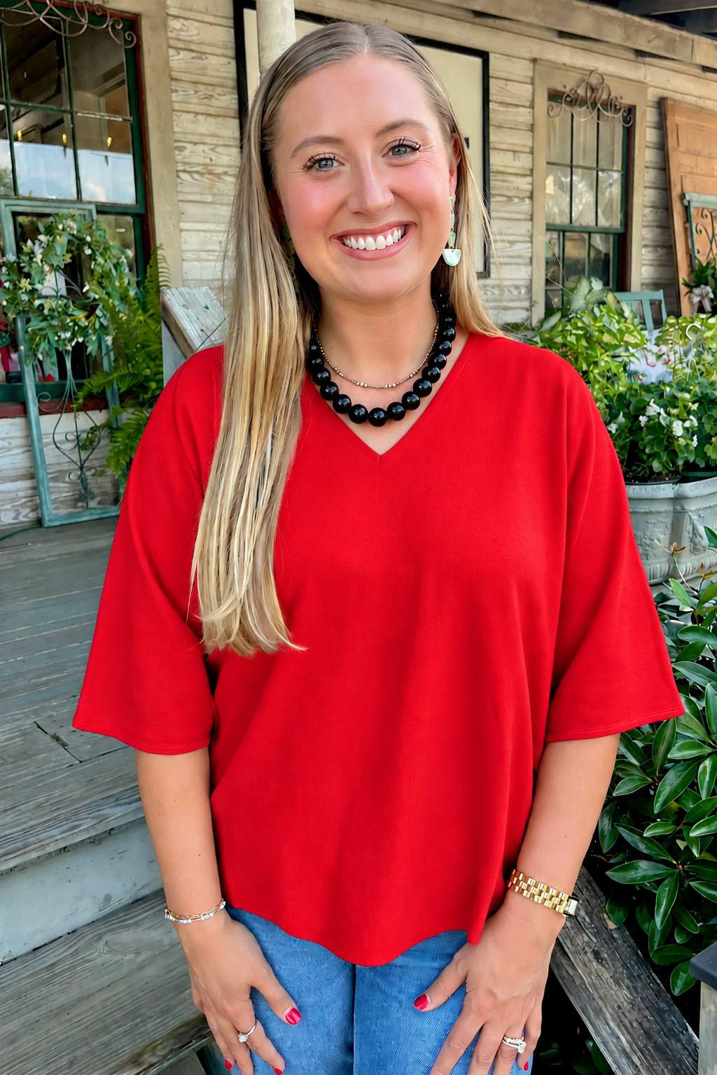 Signature Knit V-Neck Top | Red