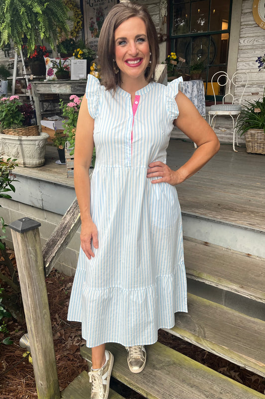 Mary Square Riley Flutter Sleeve Dress | Pinstripe Blue