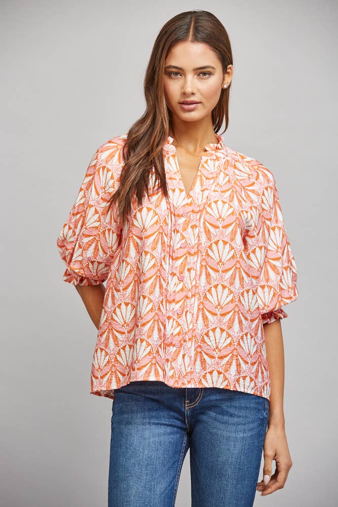FATE - GEO PRINT RUFFLED STAND COLLAR SHORT SLV BLOUSE FT22326: CREAM MULTI / M
