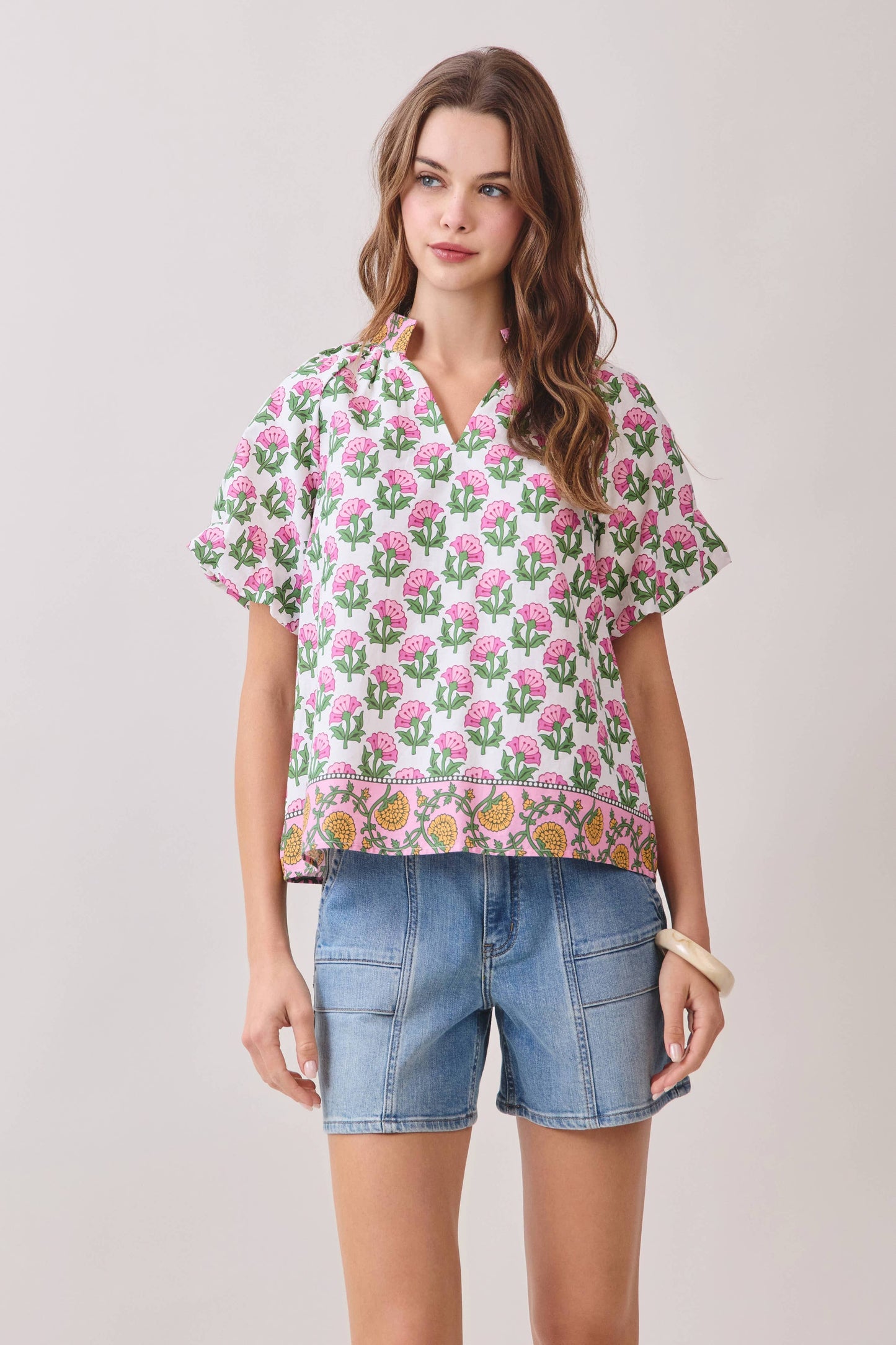TCEC - CT9806-Floral Print Bubble Sleeves Split Neckline top: Pink / S