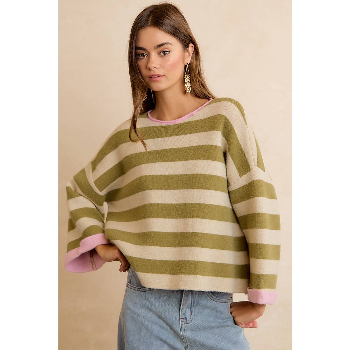 BiBi - STRIPE CONTRAST BINDING AND REVERSIBLE SWEATER: MOCHA/BLUE GREY / M