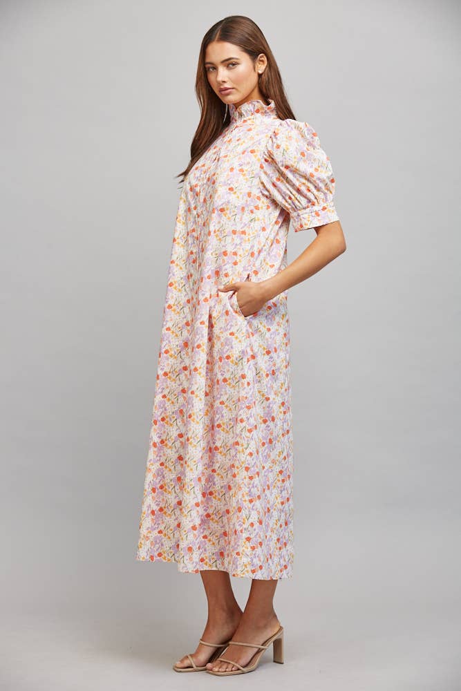 FATE - FLORAL HIGH RUFFLED COLLAR  PUFF SLV BUTTON DRESS FD30590: CREAM/ LAVENDER / M