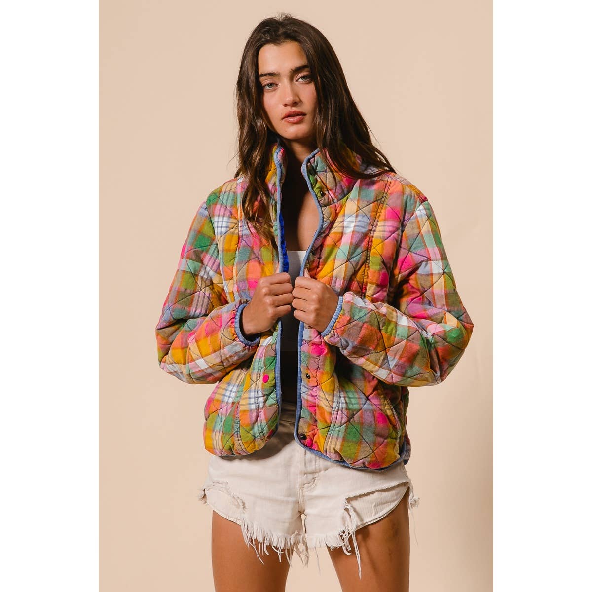 BiBi - BLEACHED VINTAGE PLAID QUILTED JACKET WITH POCKETS: STAINED GLASS / M