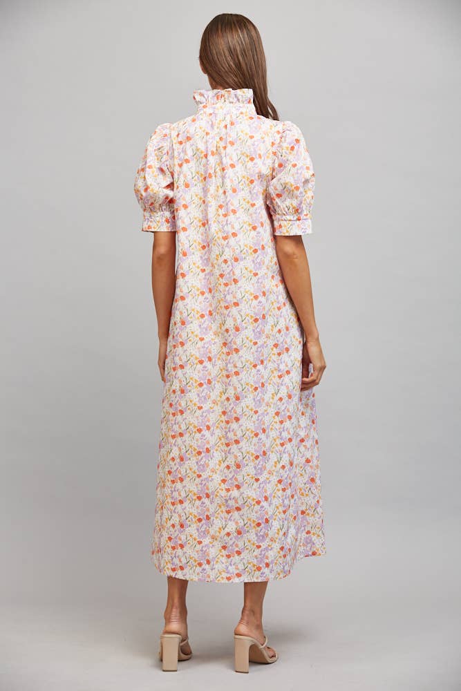 FATE - FLORAL HIGH RUFFLED COLLAR  PUFF SLV BUTTON DRESS FD30590: CREAM/ LAVENDER / M