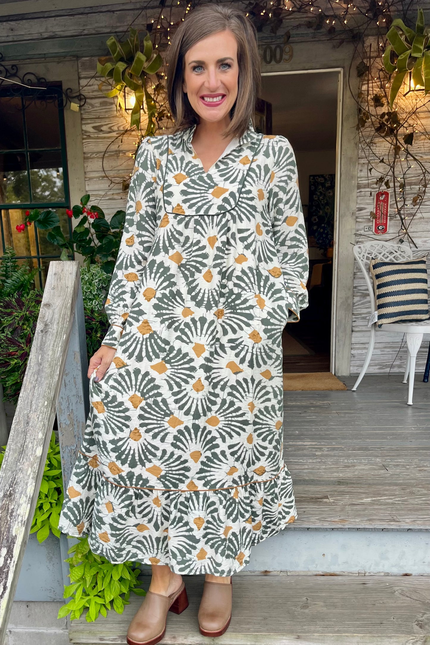 Olive Boho Print Midi Dress