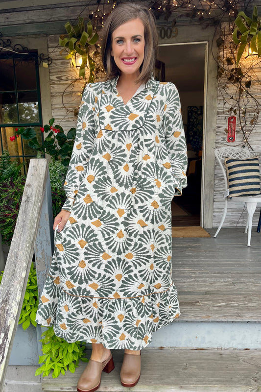 Olive Boho Print Midi Dress