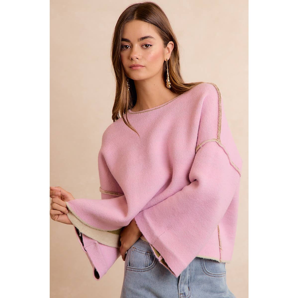 BiBi - STRIPE CONTRAST BINDING AND REVERSIBLE SWEATER: MOCHA/BLUE GREY / M