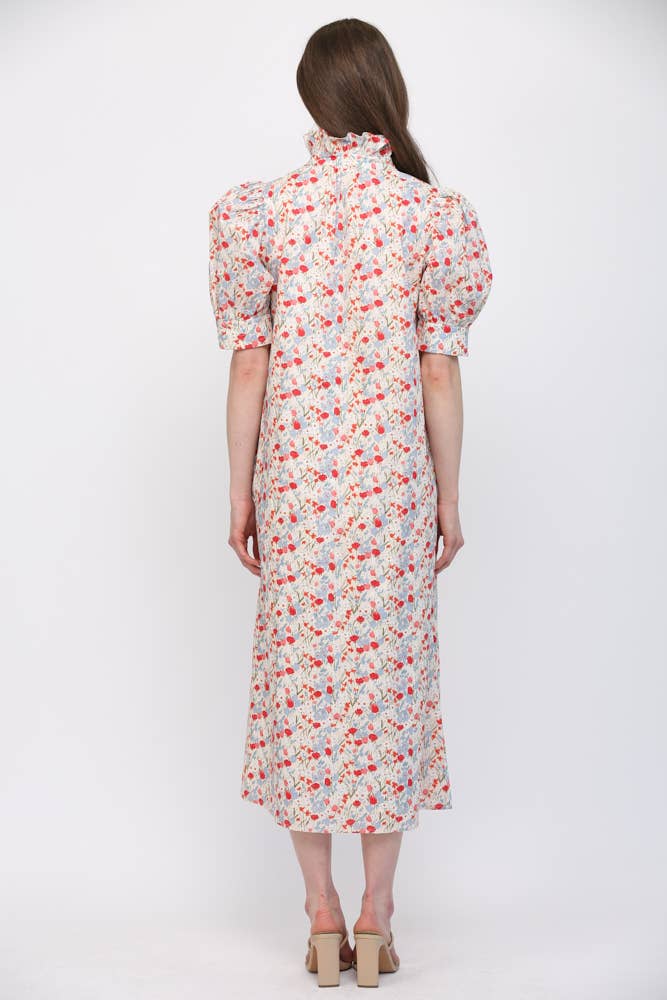 FATE - FLORAL HIGH RUFFLED COLLAR  PUFF SLV BUTTON DRESS FD30590: CREAM/ LAVENDER / M