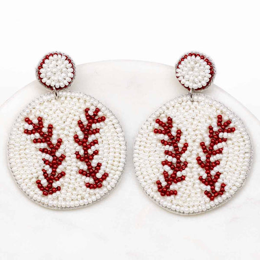 The Royal Standard - Baseball Beaded Earrings   White/Red   2.5"