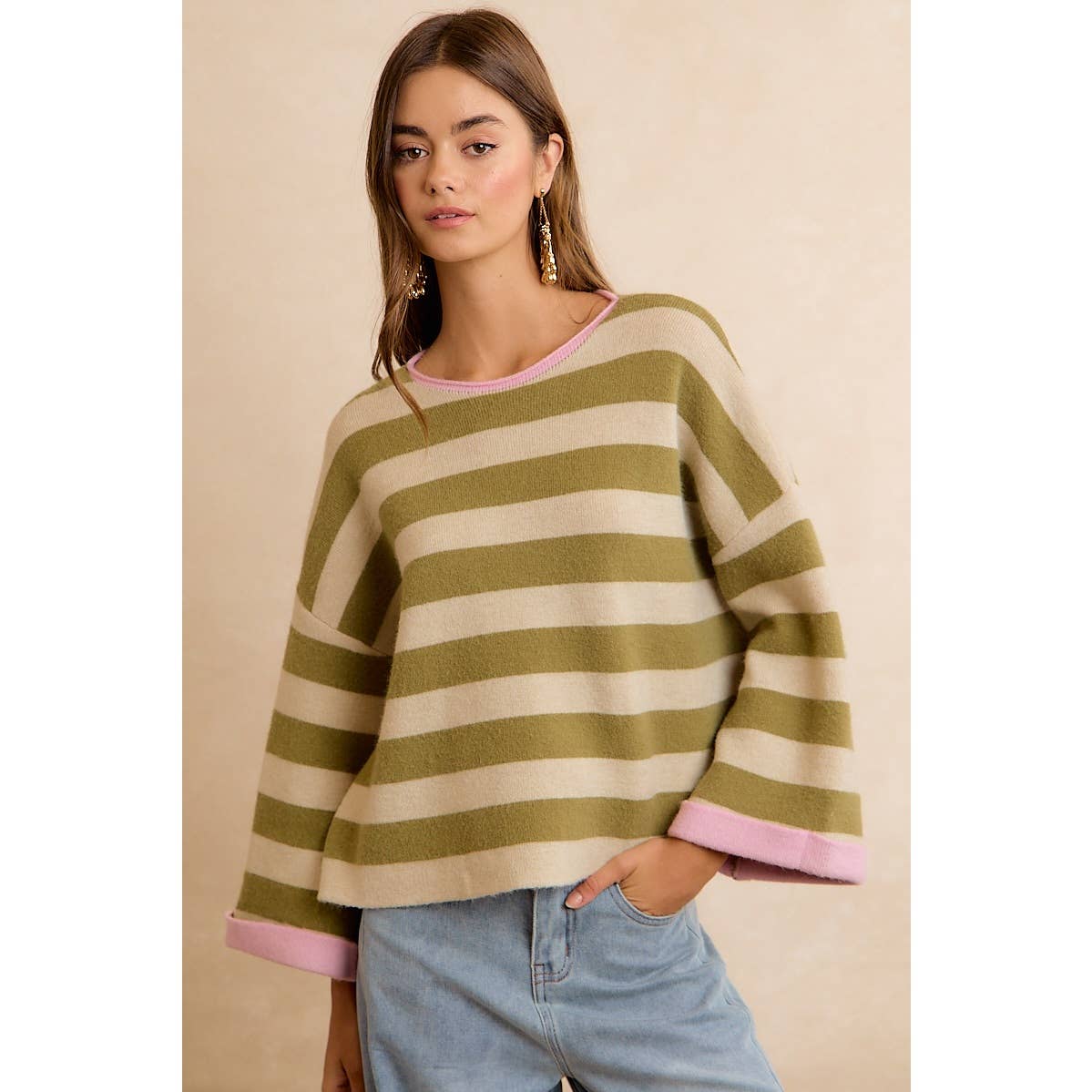BiBi - STRIPE CONTRAST BINDING AND REVERSIBLE SWEATER: MOCHA/BLUE GREY / M