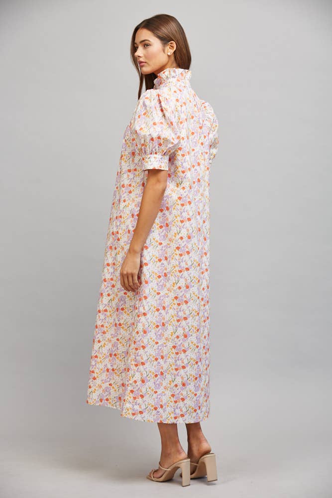 FATE - FLORAL HIGH RUFFLED COLLAR  PUFF SLV BUTTON DRESS FD30590: CREAM/ LAVENDER / M