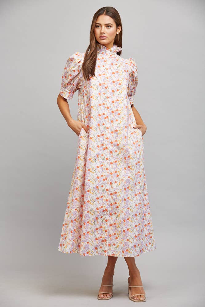 FATE - FLORAL HIGH RUFFLED COLLAR  PUFF SLV BUTTON DRESS FD30590: CREAM/ LAVENDER / M