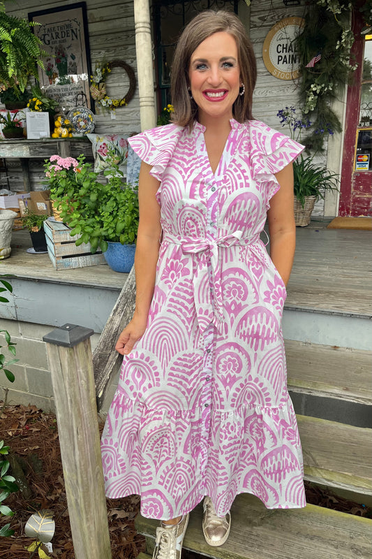 Lavender Flutter Sleeve Midi Dress