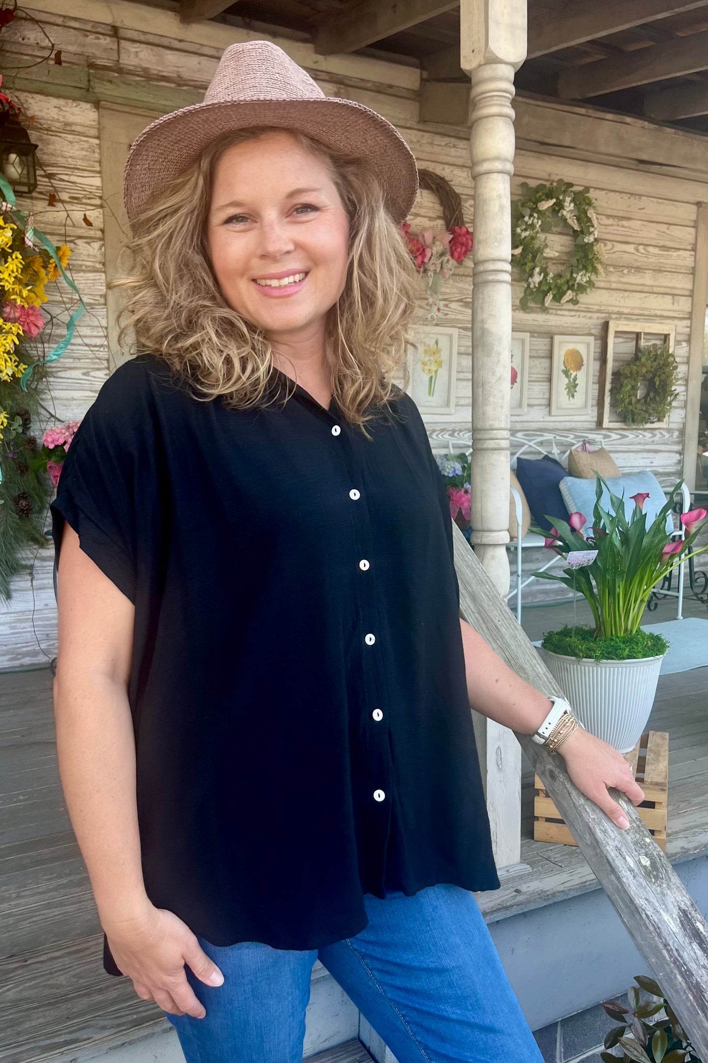 Smocked Fabric Collared Button Down Top | Black