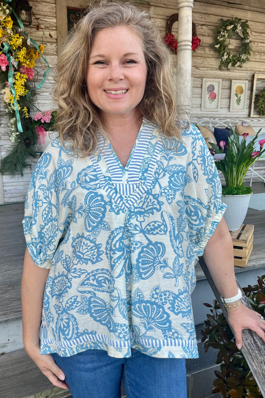 French Blue Paisley Top