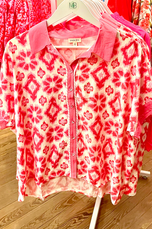 Hot Pink Ikat Collared Top