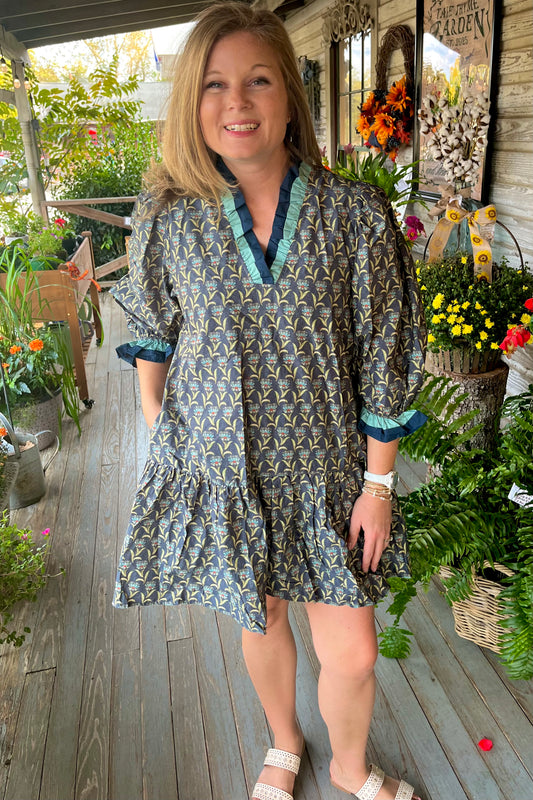 Natalie Navy Floral Block Print Dress