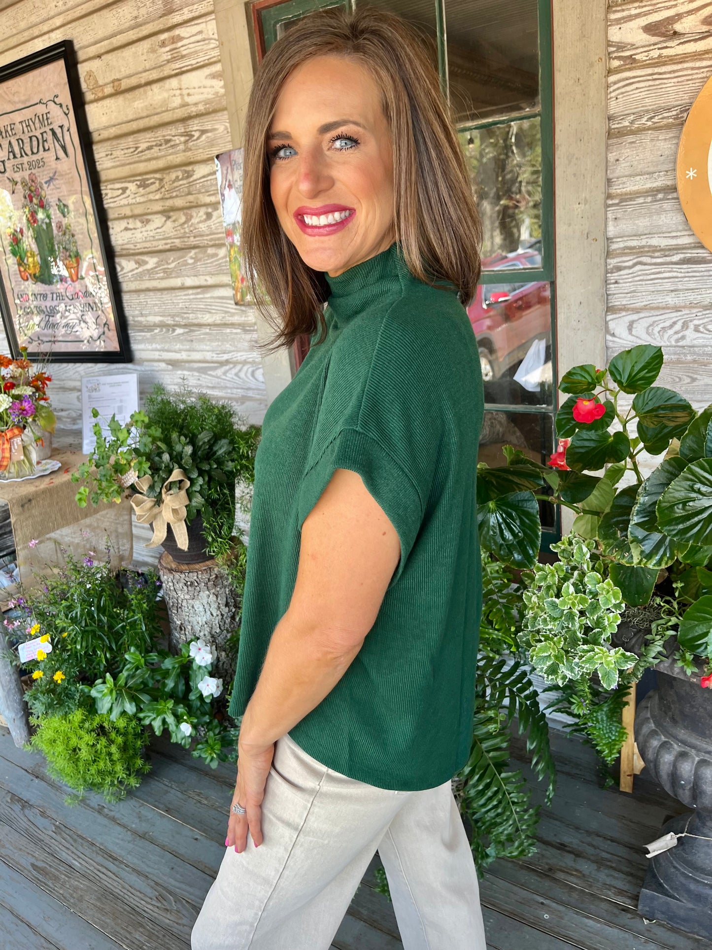 Laura Mock Neck Knit Top | Hunter Green