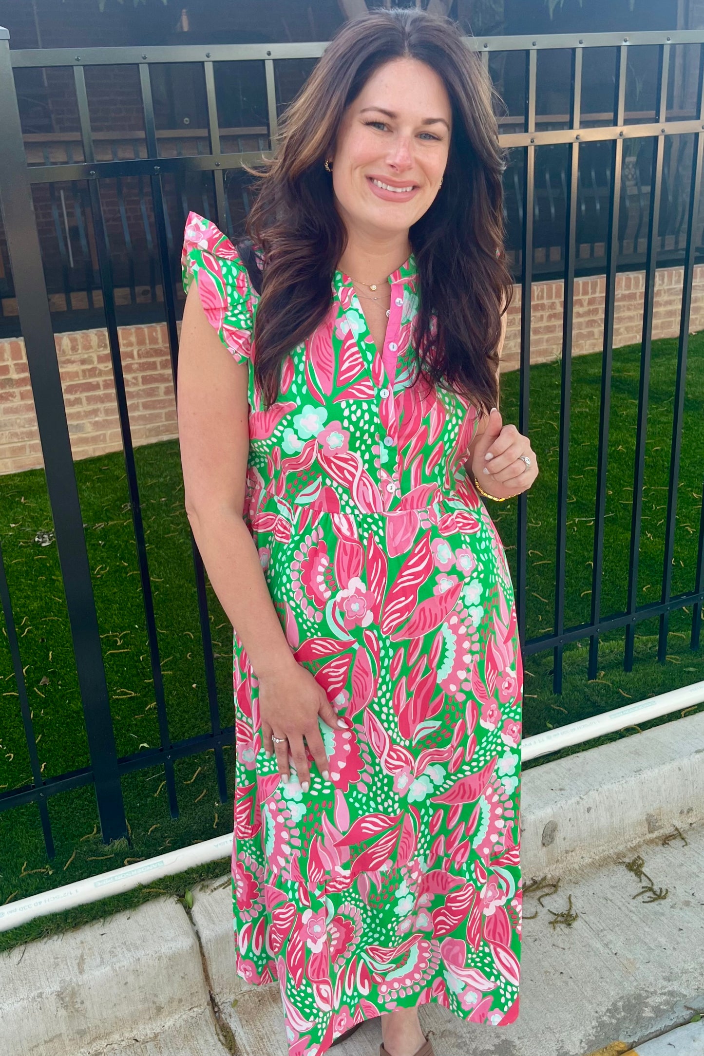 Mary Square Riley Flutter Sleeve Dress | Canopy Gleam Green