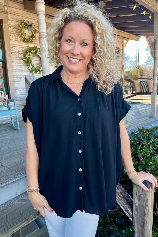 SALE Smocked Fabric Collared Button Down | Black