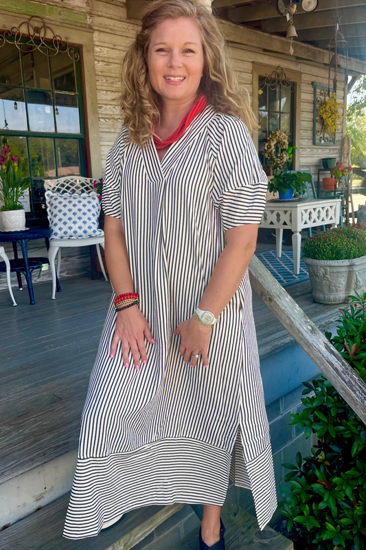 Black Stripe Seersucker Midi Dress