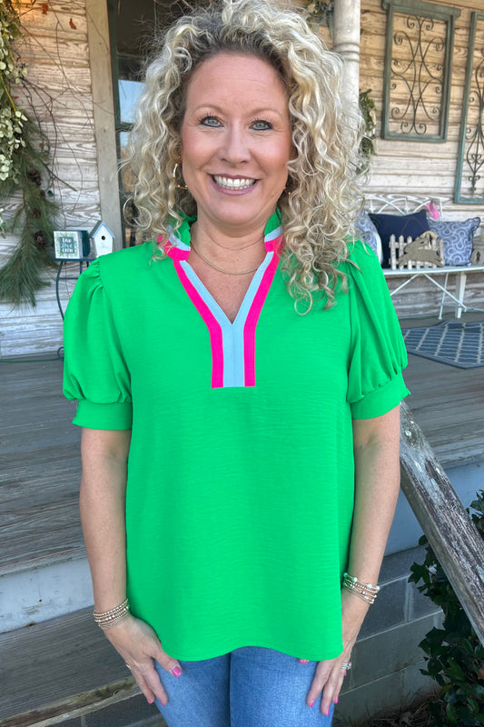 Delaney Contrast Trim Top | Green