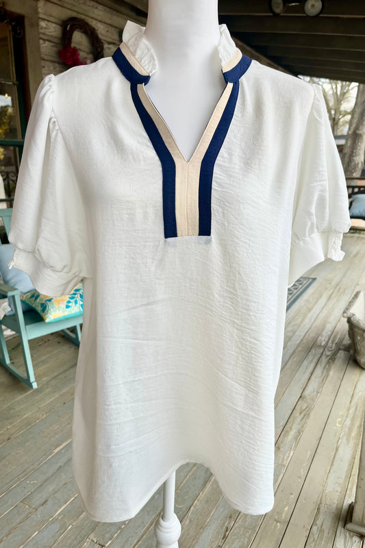 Delaney Contrast Trim Top | White