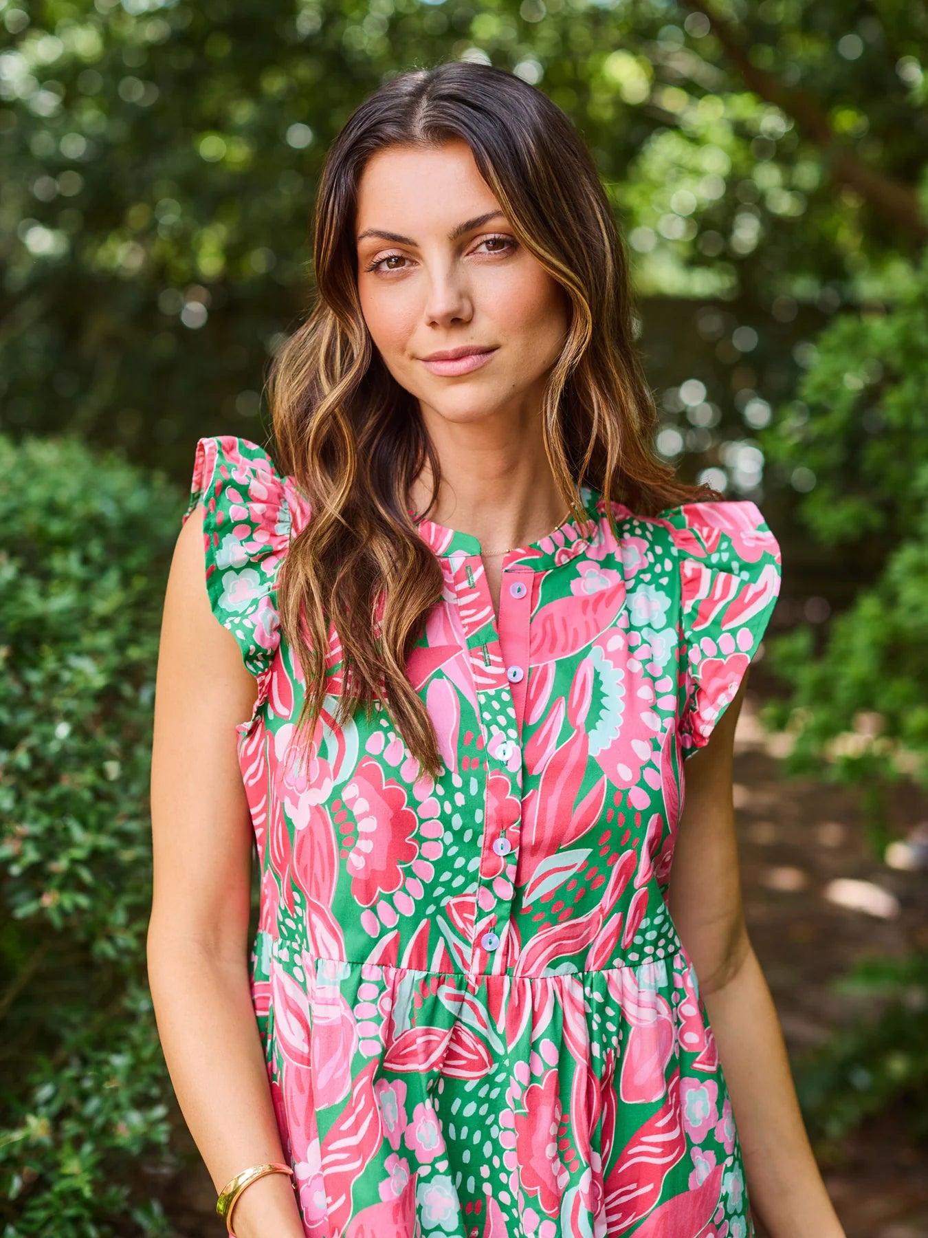 Mary Square Riley Flutter Sleeve Dress | Canopy Gleam Green
