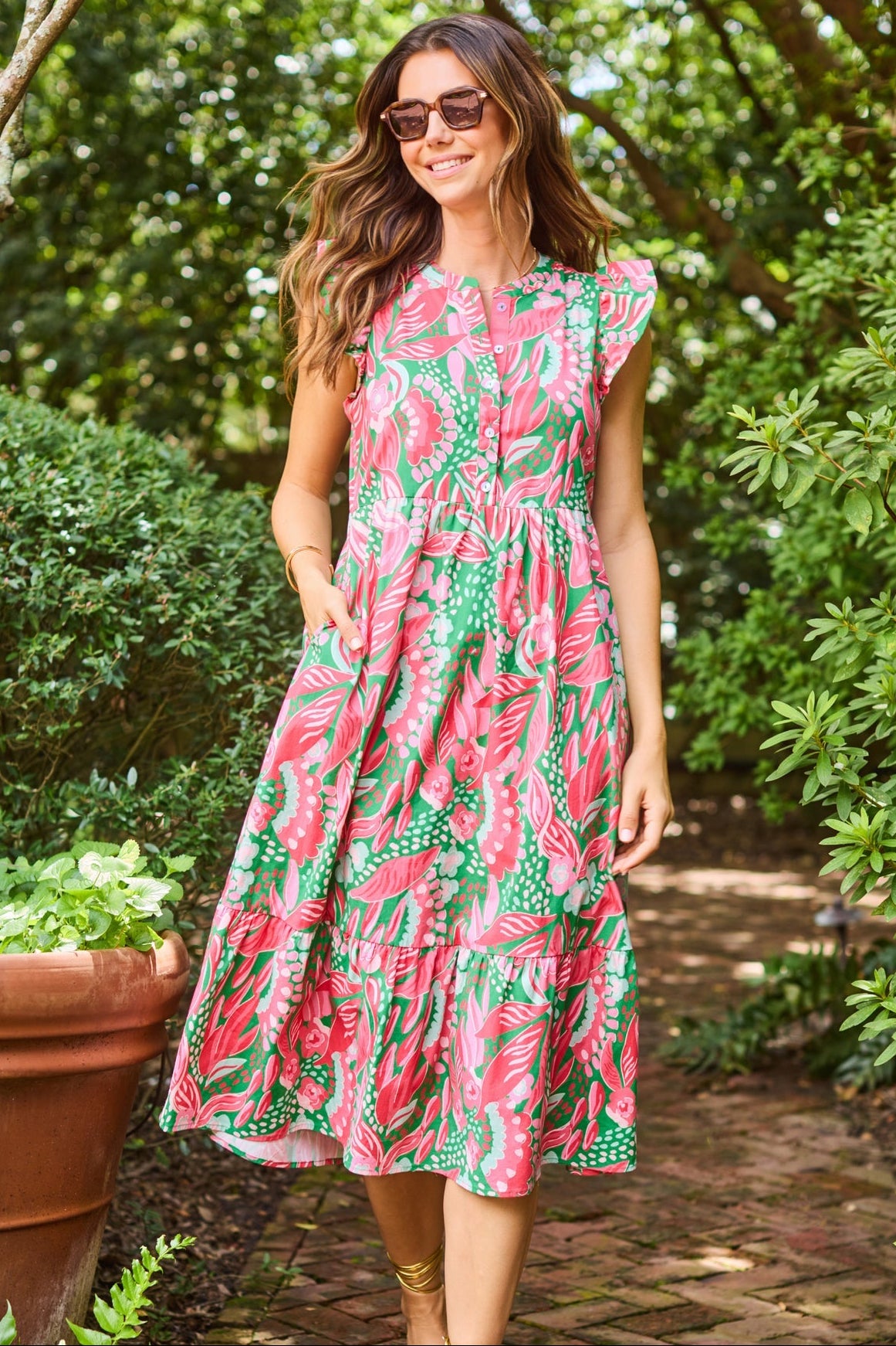 Mary Square Riley Flutter Sleeve Dress | Canopy Gleam Green