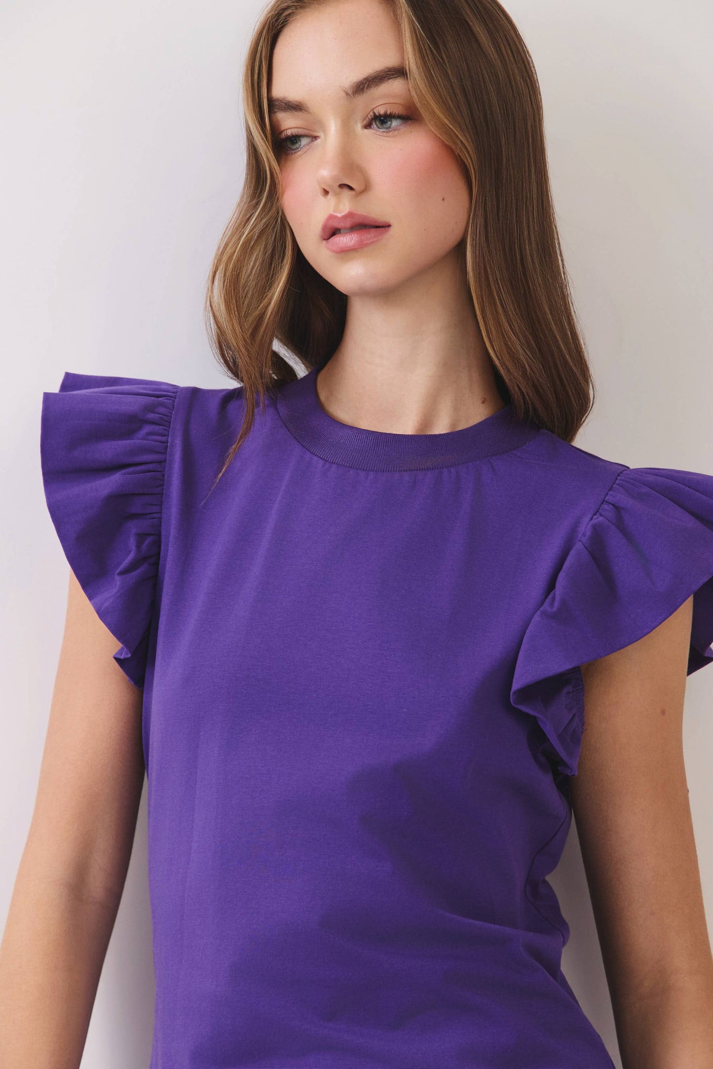 TCEC - CT8763-Ruffled Flutter Sleeves Round Neck Sleeveless Top: Red / S