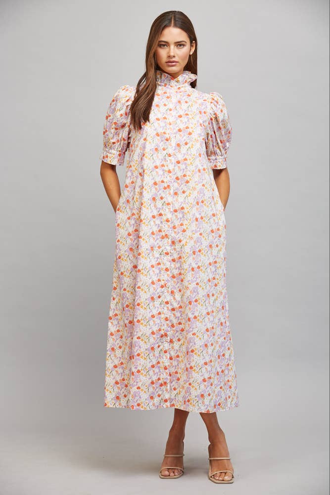 FATE - FLORAL HIGH RUFFLED COLLAR  PUFF SLV BUTTON DRESS FD30590: CREAM/ LAVENDER / M