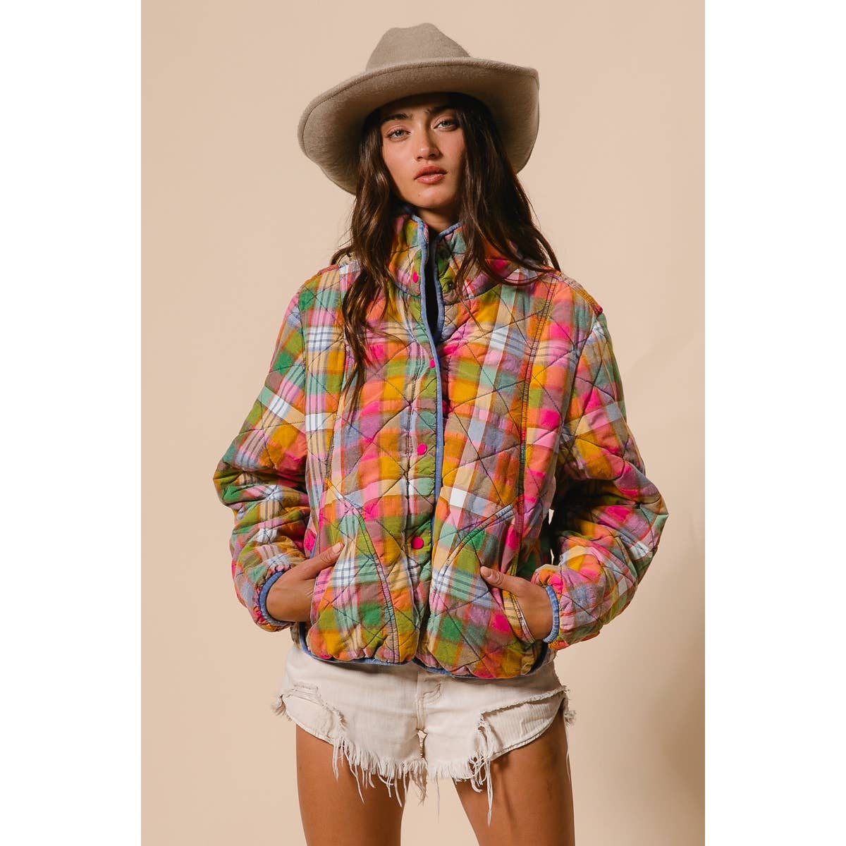 BiBi - BLEACHED VINTAGE PLAID QUILTED JACKET WITH POCKETS: STAINED GLASS / M