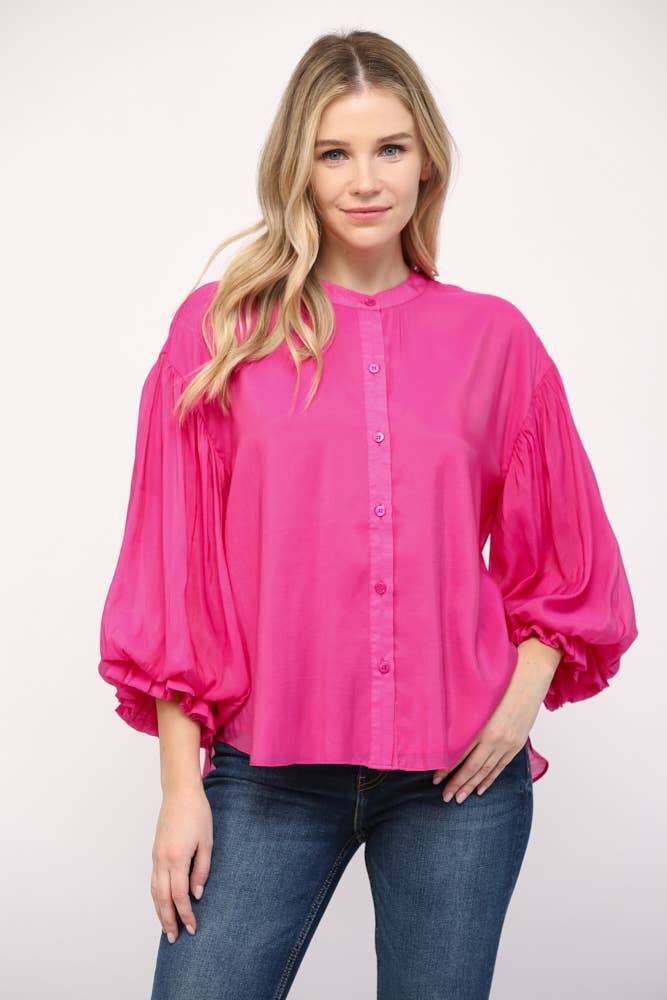 FATE - PUFF SLEEVE BUTTON DOWN SHIRT FT1585: FUCHSIA / M