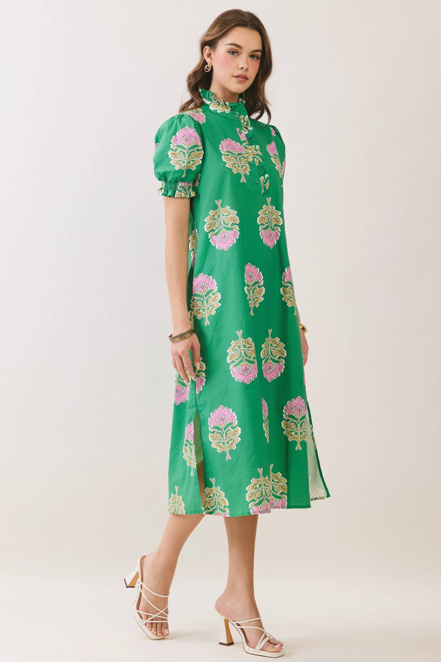 TCEC - CD06970-Floral Print Ruffle Collar Button Down Midi Dress: Green / M