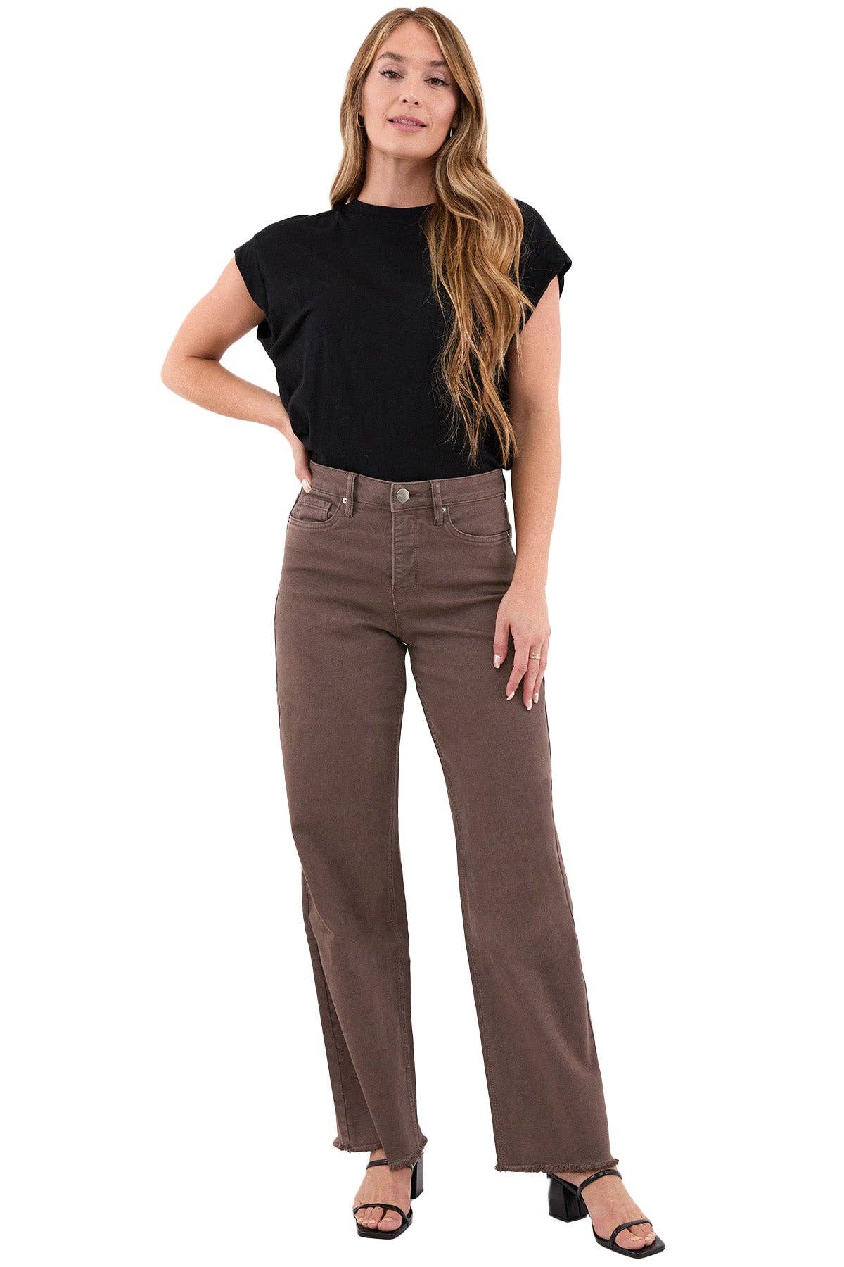 RFM - Chloe High Rise  Frayed Wide Leg Pants: Java / 11/30