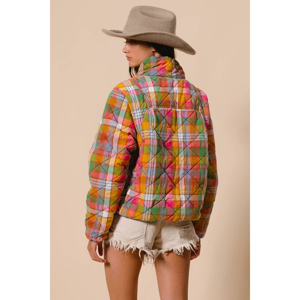 BiBi - BLEACHED VINTAGE PLAID QUILTED JACKET WITH POCKETS: STAINED GLASS / M