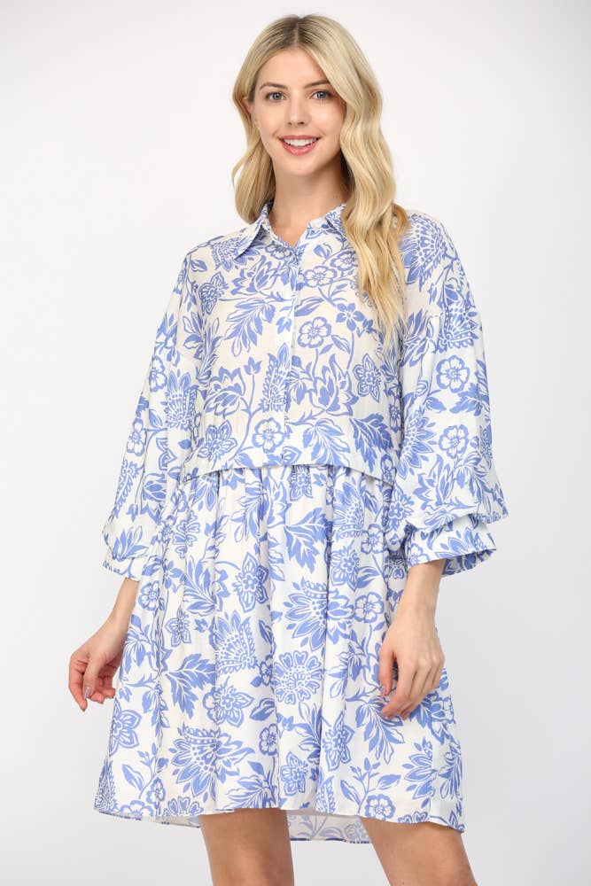FATE - PUFF SLEEVE SHIRT MINI DRESS FD35578: WHITE/BLUE / S