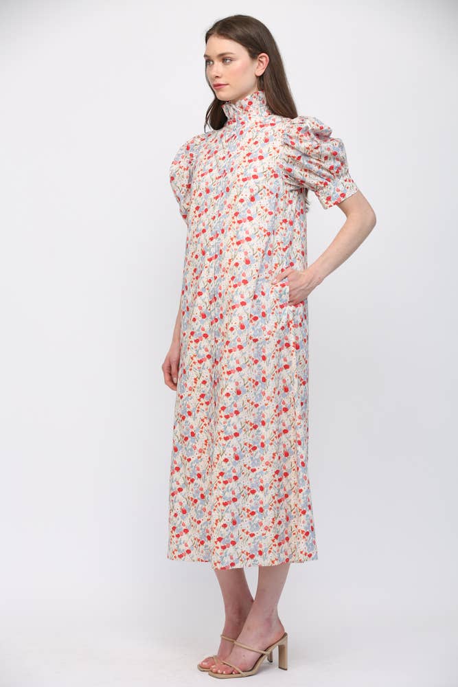 FATE - FLORAL HIGH RUFFLED COLLAR  PUFF SLV BUTTON DRESS FD30590: CREAM/ LAVENDER / M