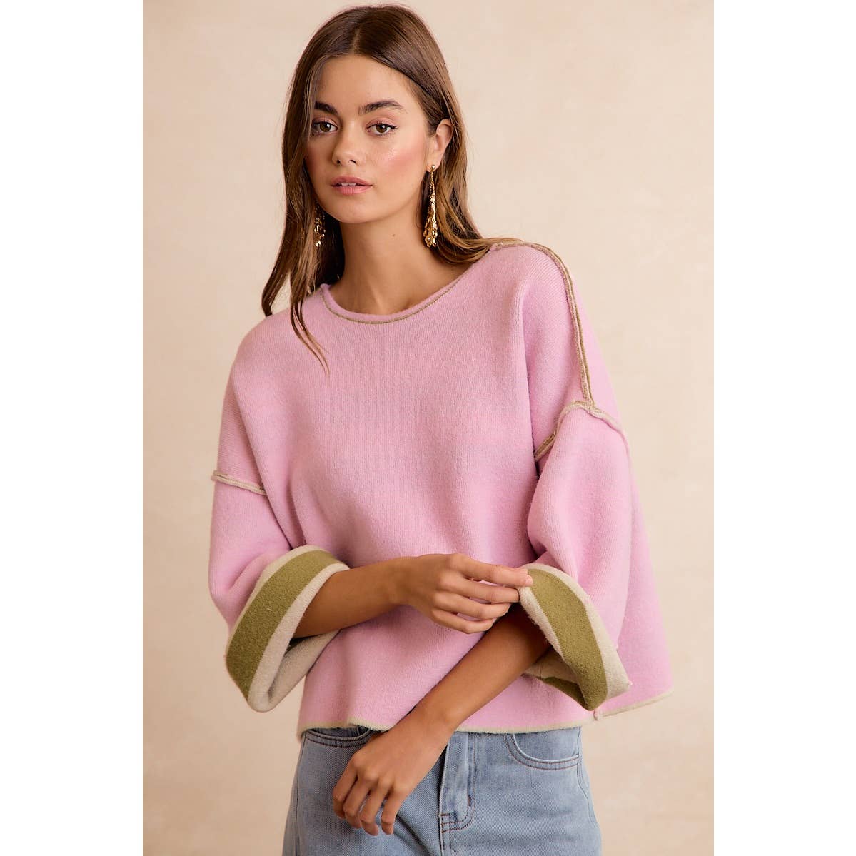 BiBi - STRIPE CONTRAST BINDING AND REVERSIBLE SWEATER: MOCHA/BLUE GREY / M