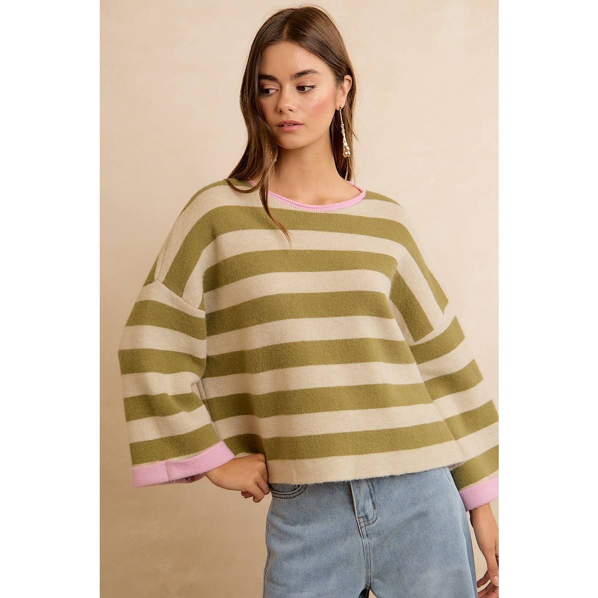 BiBi - STRIPE CONTRAST BINDING AND REVERSIBLE SWEATER: MOCHA/BLUE GREY / M