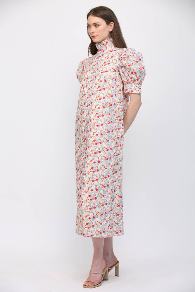 FATE - FLORAL HIGH RUFFLED COLLAR  PUFF SLV BUTTON DRESS FD30590: CREAM/ LAVENDER / M
