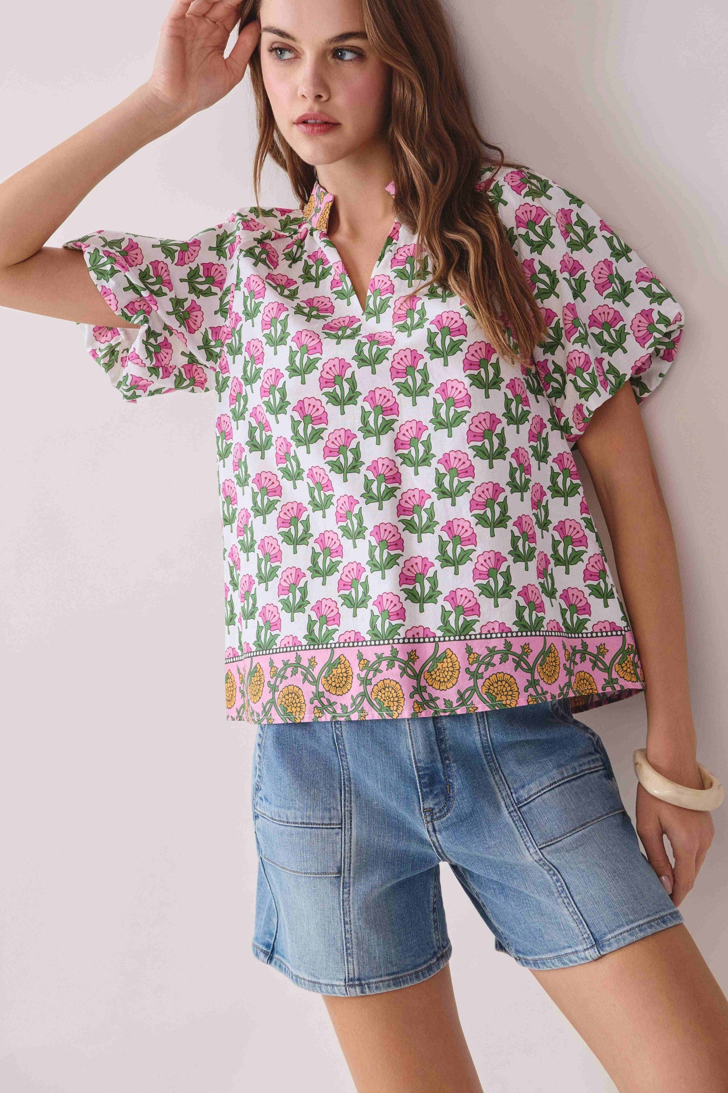 TCEC - CT9806-Floral Print Bubble Sleeves Split Neckline top: Pink / S