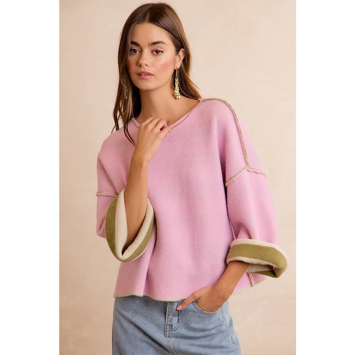 BiBi - STRIPE CONTRAST BINDING AND REVERSIBLE SWEATER: MOCHA/BLUE GREY / M