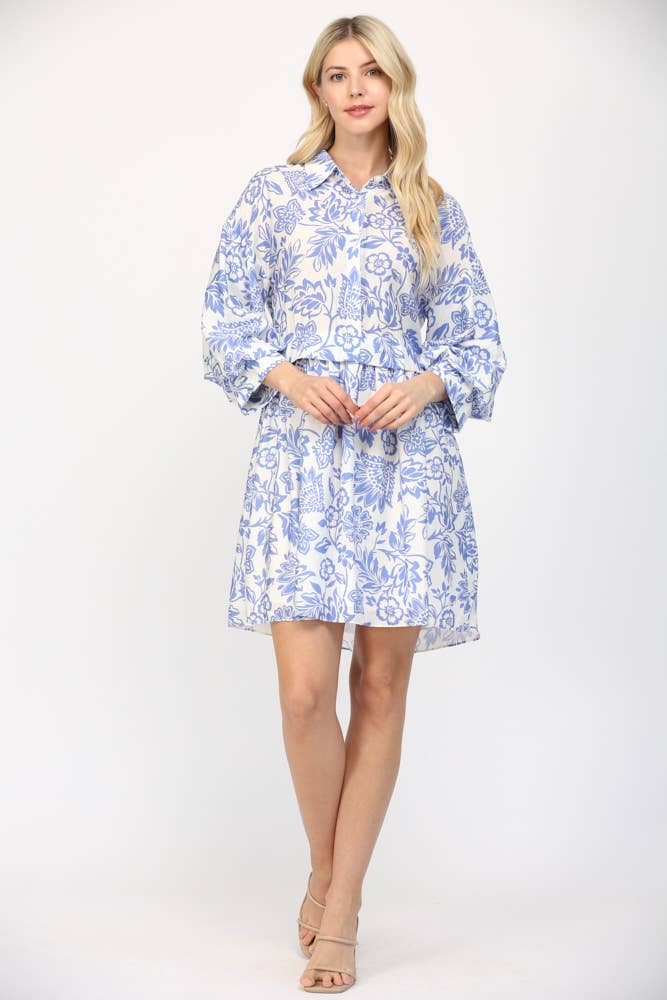 FATE - PUFF SLEEVE SHIRT MINI DRESS FD35578: WHITE/BLUE / S